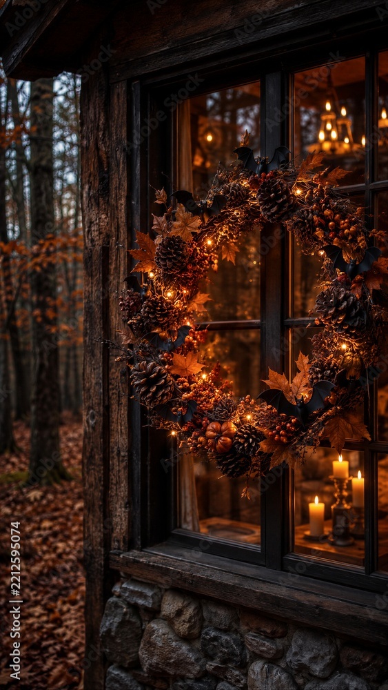 Fototapeta premium Halloween wreath with bats, pumpkins and pinecones on a rustic cabin window. Autumn holiday decor for seasonal home styling. Halloween celebration and fall harvest tradition.