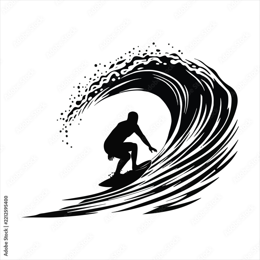 Fototapeta premium Web Ocean Wave Surfer Illustration In Black And White Style, Surfer Balancing On Surfboard Inside A Barrel Wave, Powerful Wave And Surfer Silhouette For Surfing Design