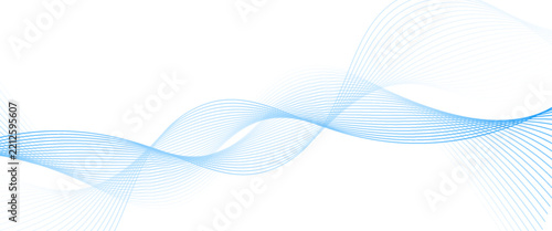 Blue thin wavy line flow pattern. Light undulate flowing shape background. Abstract water or air stripe wallpaper. Vector smooth curve gradient element for report, banner, presentation, poster, flyer