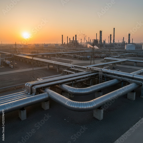 Industrial oil gas pipeline system network leading to processing refinery plant at golden sunrise stock image.