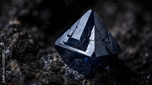 octahedral dark mineral crystal specimen, raw geometric gemstone stone close up, natural geology rock background