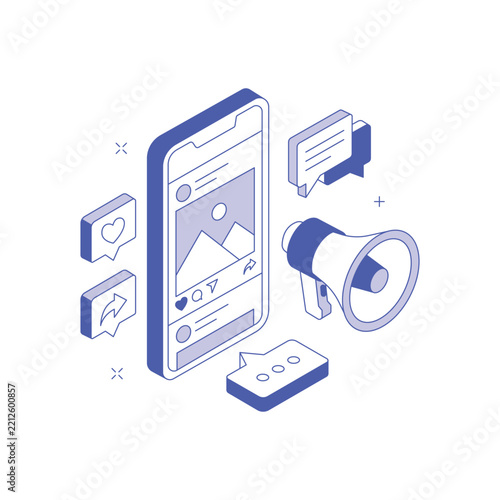 Social media marketing and digital content promotion isometric concept