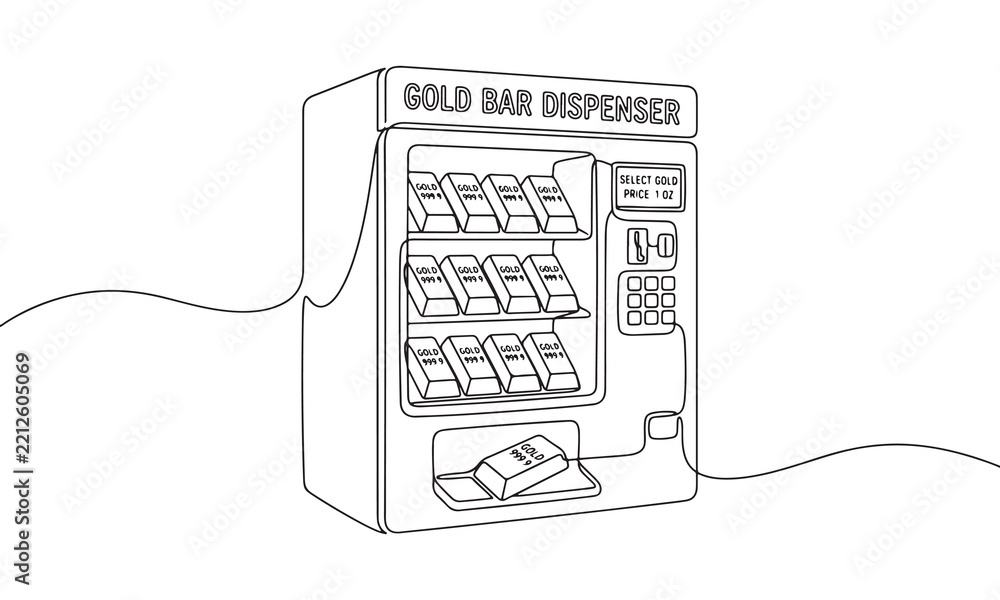 Obraz premium Single continuous line of an automated gold bar dispenser machine, showing rows of precious metal ingots inside, isolated on a white background, concept of luxury investment assets
