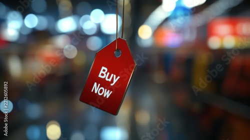Red sale tag with buy now text hanging in retail store background