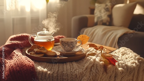 Steaming Tea Pot and Floral Cup on a Wooden Tray with Cozy Knit Blanket in Sunlight