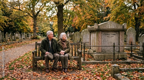 Elderly couple sitting on a bench in a cemetery during autumn, surrounded by fallen leaves and gravestones, reflecting a mood of remembrance and quiet contemplation
