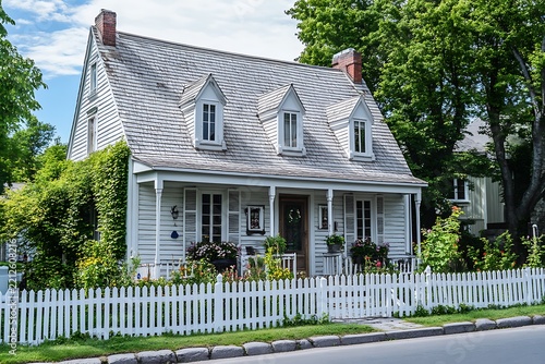 White Wooden Cottage with Dormers, Flowers, and Picket Fence Charming Architecture