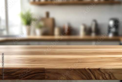Wooden Table Surface Grain Texture in Blurred Kitchen with Wooden Shelves