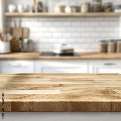 Wooden Table Top, Kitchen Counter Surface with Modern White Cabinets and Blurred Backdrop
