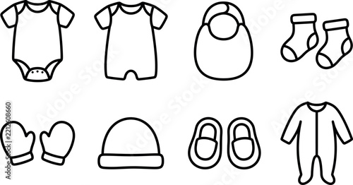 Simple line art illustration of baby clothes and accessories in a grid layout