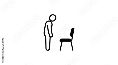 Minimalist Line Art Illustration of a Person Standing Before a Chair Representing Posture Awareness and Ergonomic Education