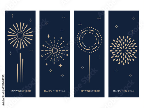 Set of Minimalist New Year Vertical Banners with Gold Firework Illustrations on Dark Navy Blue Background; Elegant Celestial Holiday Greeting Templates