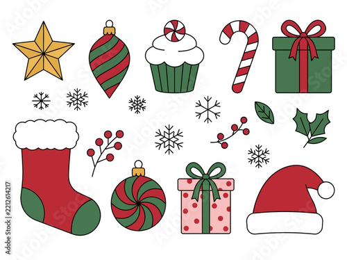 Set of Festive Christmas Icons and Symbols, Isolated Vector Illustration of Holiday Elements including Santa Hat, Gifts, Stocking, and Ornaments on White Background