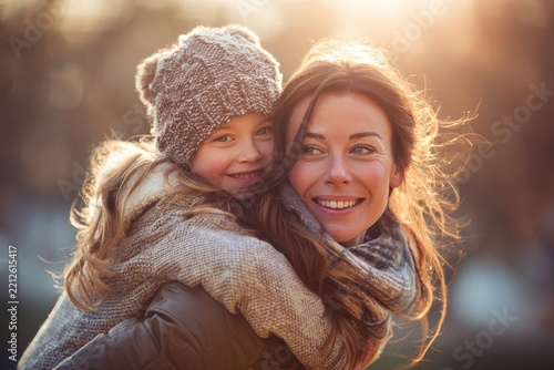 A warm moment between a mother and daughter as she gives her a piggyback ride, smiles, and enjoys their family bond in the soft autumn sunlight