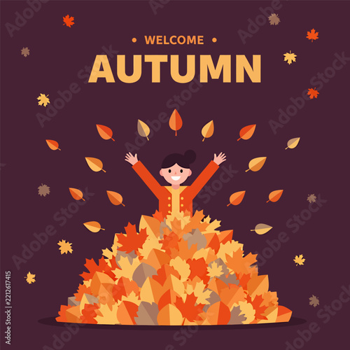 Vibrant flat vector illustration depicts a joyful autumn celebration, featuring a happy girl emerging from a large pile of fallen leaves