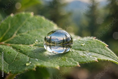 Water droplet on leaf reflecting mountain landscape at sunset.