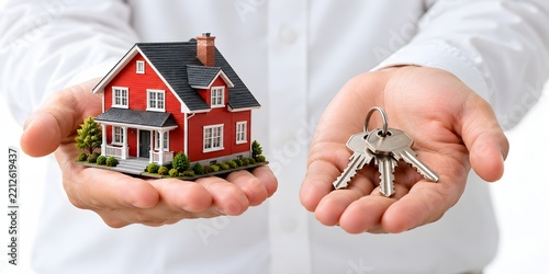 Real Estate Agent Holding House Model And Keys For Property Sale Concept