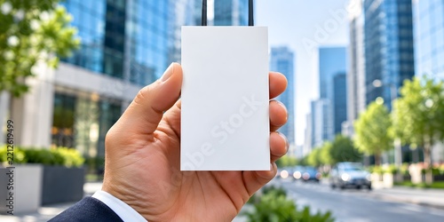 Hand Holding Blank White Business Card Against Modern City Background