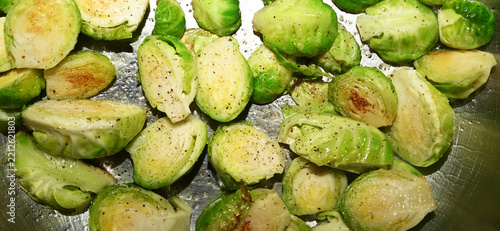 Roasted Brussels sprouts with crispy golden surface, healthy vegetable vegan
