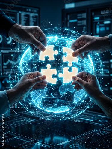 Business Partners Joining Puzzle Pieces Over Digital Global Network