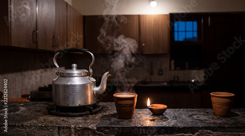 Chai steam and a single new diya on a pre-dawn Diwali kitchen counter