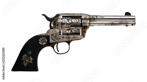 Engraved silver revolver with floral patterns and black handle grip