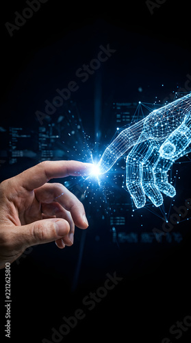 Human Finger Touching A Digital Wireframe Robotic Hand In Dark Space