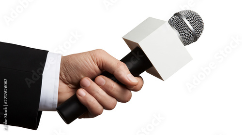 Hand holding a professional interview microphone with a blank white square flag