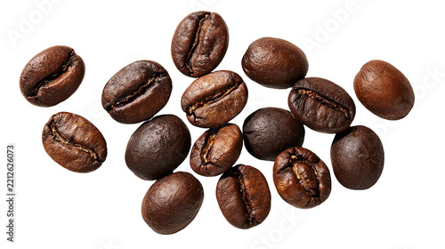 Fotografie Roasted dark brown coffee beans scattered in a group
