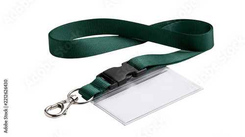 Dark green fabric lanyard with plastic badge holder and metal swivel hook