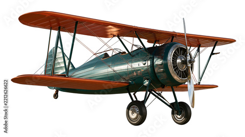 Vintage green and orange biplane with radial engine and metal propeller