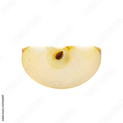 Single fresh apple slice with core and dark seed isolated on white background