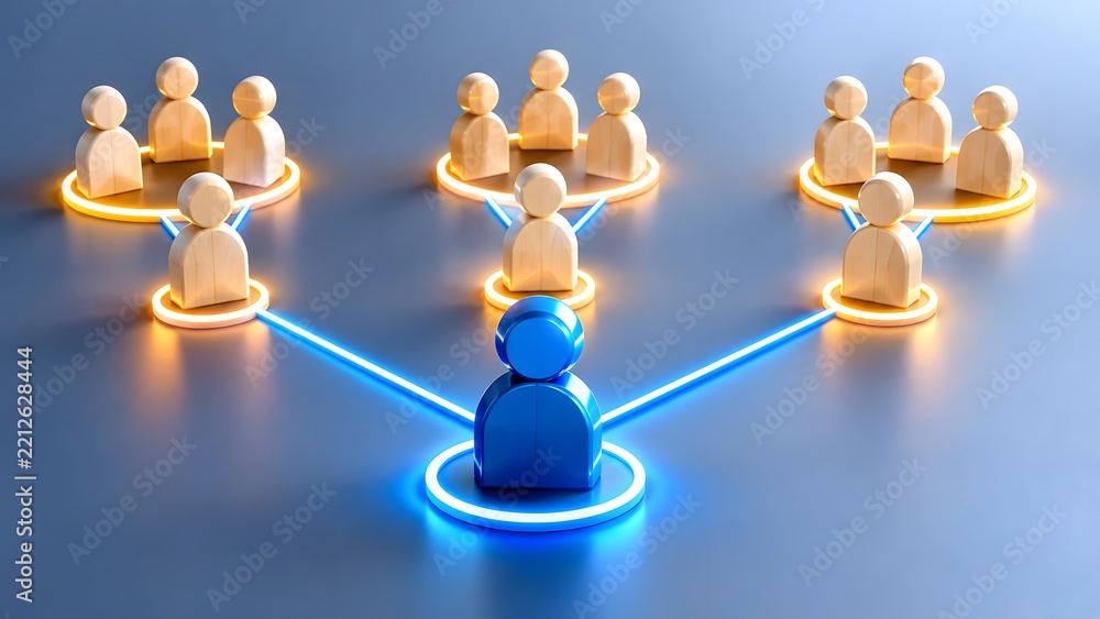 Obraz premium Blue 3D figure connected to a network of wooden figures with glowing lines. Concept of corporate hierarchy and organizational leadership structure.