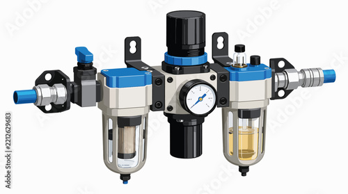 Industrial pneumatic filter regulator with pressure gauge and valves isolated