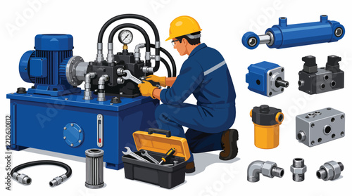Industrial worker assembling hydraulic system with tools and components
