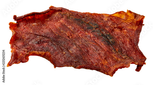 Obraz na plátně Thin slice of dark red savory beef jerky with fibrous texture