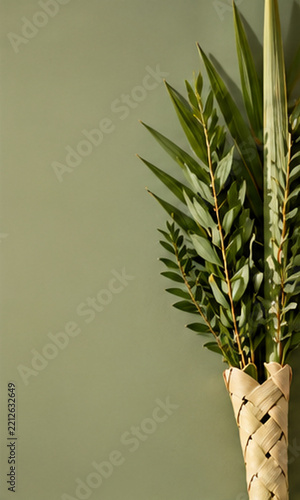 Minimalist lulav against sage green background with text space