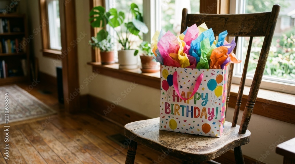 Naklejka premium A colorful birthday gift bag sits on a wooden chair in a sunlit room.