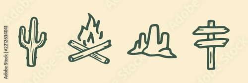 Desert Camping And Outdoor Adventure Hand Drawn Doodle Icon Set. Desert Environment Sketch Symbol Collection. Outdoor Recreation And Nature Exploration Context. Isolated Vector Illustration