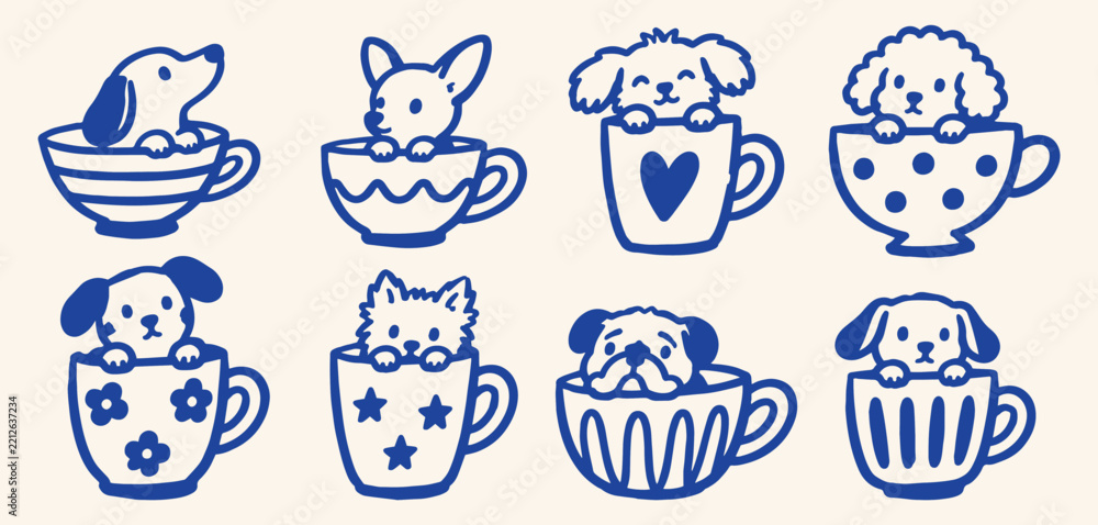 Fototapeta premium Cute puppies in coffee cups hand drawn doodle collection