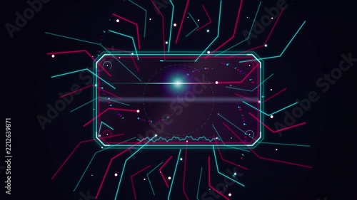 Futuristic neon frame with glowing lines and light flare on dark background.