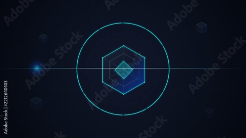 Glowing hexagonal blockchain icon on dark blue background with floating data cubes.