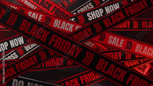 Starting at left tape, ribbons sweeping across metal wall with red lighting, selling BLACK FRIDAY