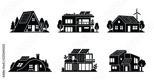 Eco-friendly house silhouettes set with solar panels and wind turbine for green energy and sustainable living