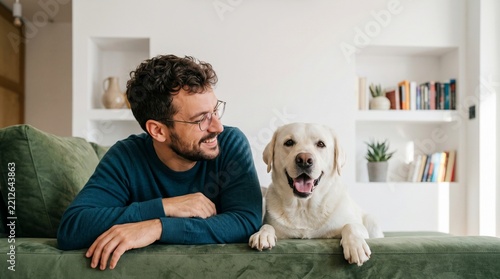 Smiling young man resting on green sofa with cute dog