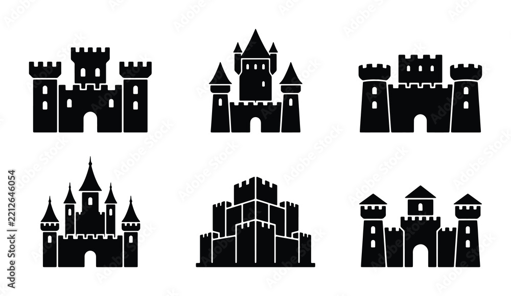 Fototapeta premium Castle silhouettes set with fortress, keep and towers for fantasy or medieval themes logo