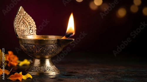 Antique carved brass diya with tall decorative backrest and burning wick near orange flower petals.