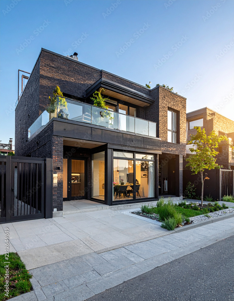 Fototapeta premium A stunning modern house built with dark brickwork, featuring large windows and a glass balcony. This serene, luxurious home exudes warmth and architectural elegance. No people, nobody included.