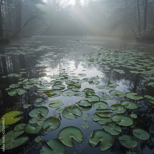 Peaceful Misty Woodland Pond Covered with Floating Water Lilies and Reflecting Soft Morning Light