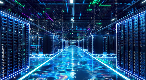 Futuristic Server Room with Neon Lights: A long, glowing corridor of a modern data center, lined with racks of servers, illuminated by vibrant neon blue and purple lights.